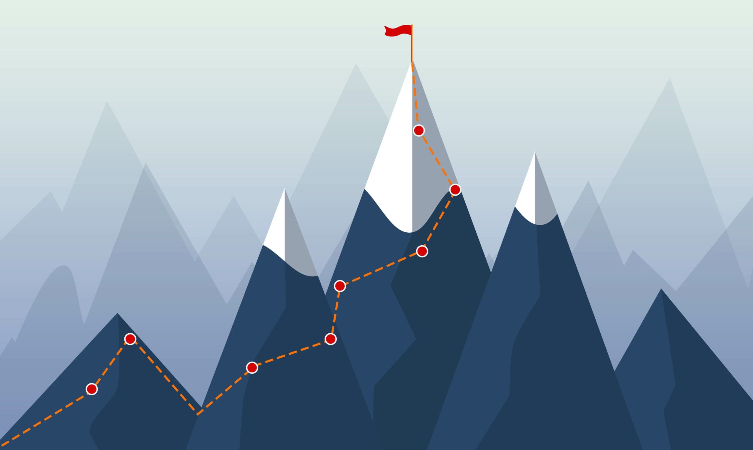 Mountains with Climbing Route Path with red Success Flag. Concep