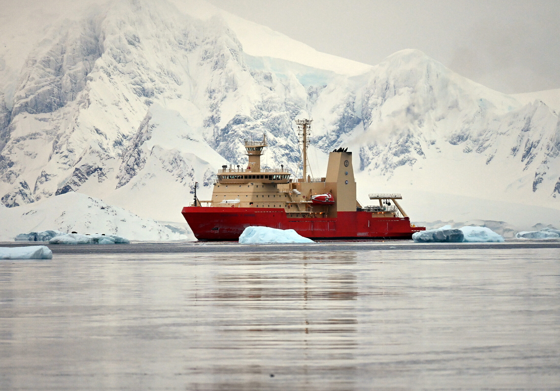 The research vessel and icebreaker Nathaniel B. Palmer along the Antarctic Peninsula. Photo by Dan Costa June 16. 2022